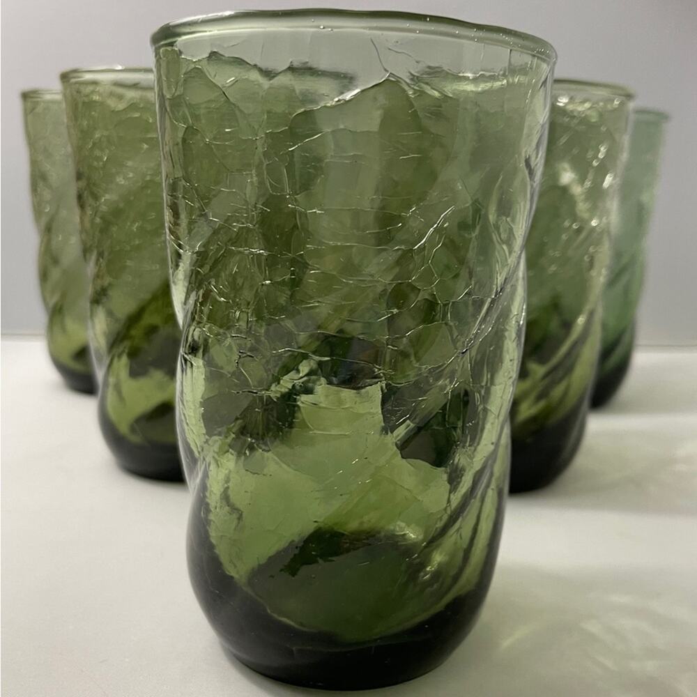6 Vintage Imperial Crinkled #851 Tumbler Water Glasses, Bead (Avocado) Green HTF